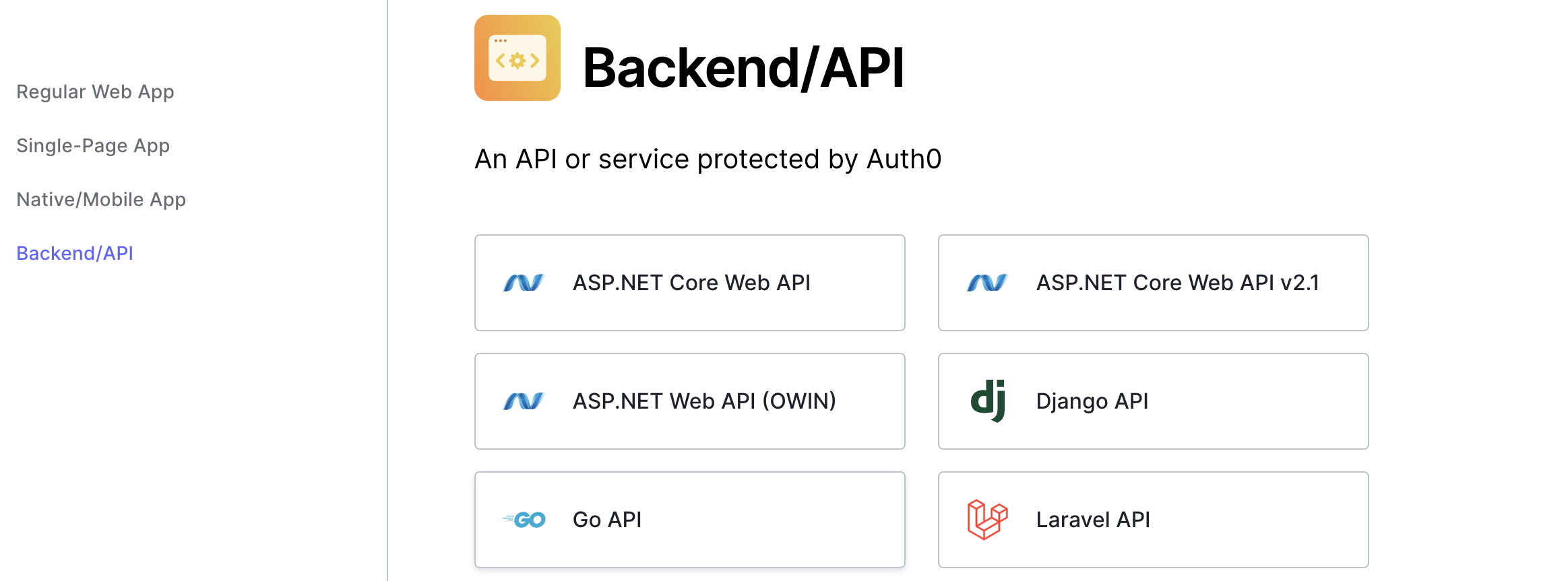 screenshot of page displaying a grid of regular web app options including ASP, Django, Laravel, and Go