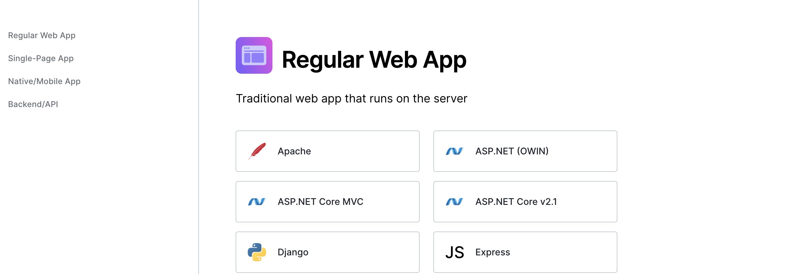 screenshot of page displaying a grid of regular web app options including Apache, ASP.NET, Django, and Express
