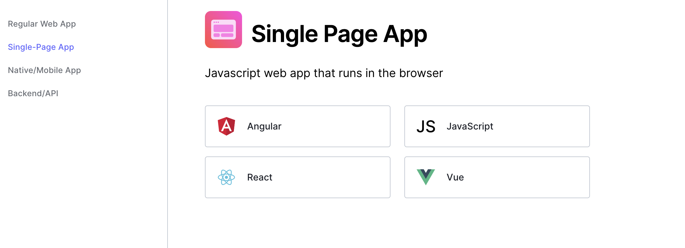 screenshot of page displaying a grid of SPA web app options including Angular, React, JS, and Vue