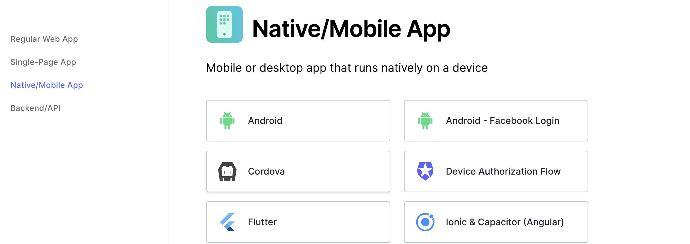 screenshot of page displaying a grid of regular web app options including Android, Cordova, Flutter, Device Auth Flow, and Angular